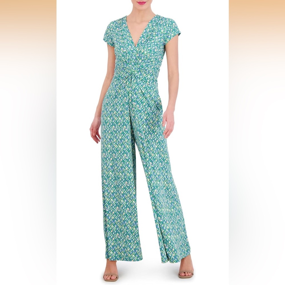 Vince Camuto Teal Geometric Print Cap Sleeve Twist V-Neck Jumpsuit Plus Size 2X